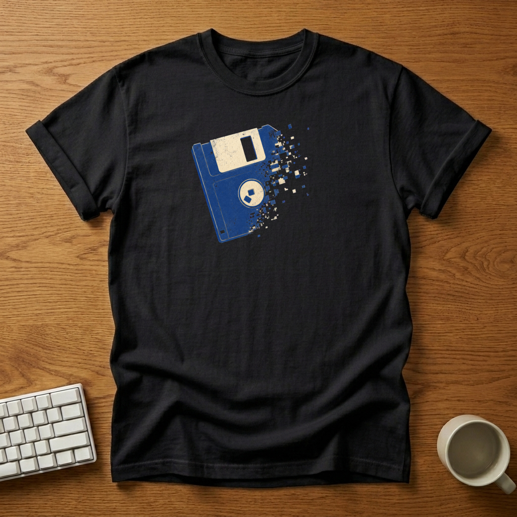 [needlepod-mockup:mck_01M0Q6KM05MXD4X97ST8XXN6AP] Disintegrating Floppy Disk Retro Tech T-Shirt