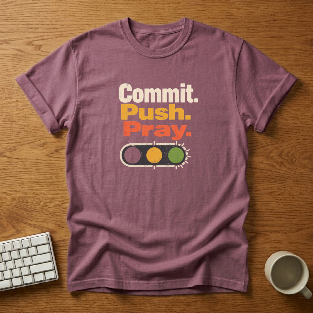 [needlepod-mockup:mck_01M1AP1KCQ4DXAV0EA5TPPRFS9] Commit, Push, Pray: The Deployment Lifecycle T-Shirt