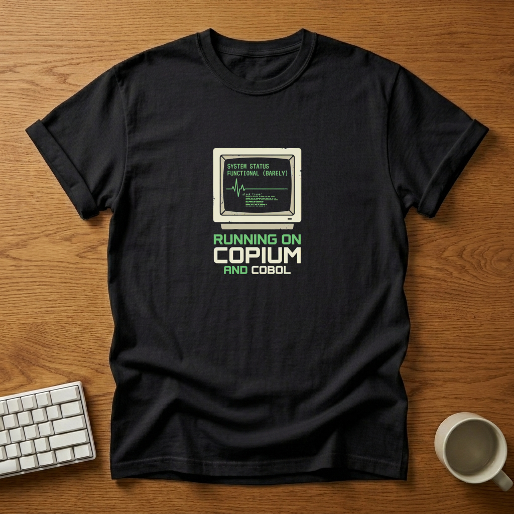 [needlepod-mockup:mck_01M1D4EECXPGWYD83TYMYJBKAA] System Status: Barely Functional Legacy Code T-Shirt