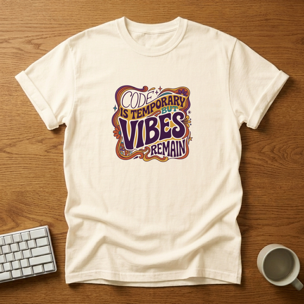[needlepod-mockup:mck_01M1EAE1YRM54P1WG6BQSQNBEP] Code Is Temporary, Vibes Remain Retro T-Shirt