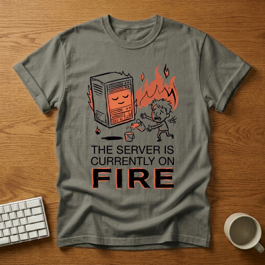 [needlepod-mockup:mck_01M1WEBQ9W9HG53VQ2F6REKT5K] Server On Fire: Production Chill Edition T-Shirt