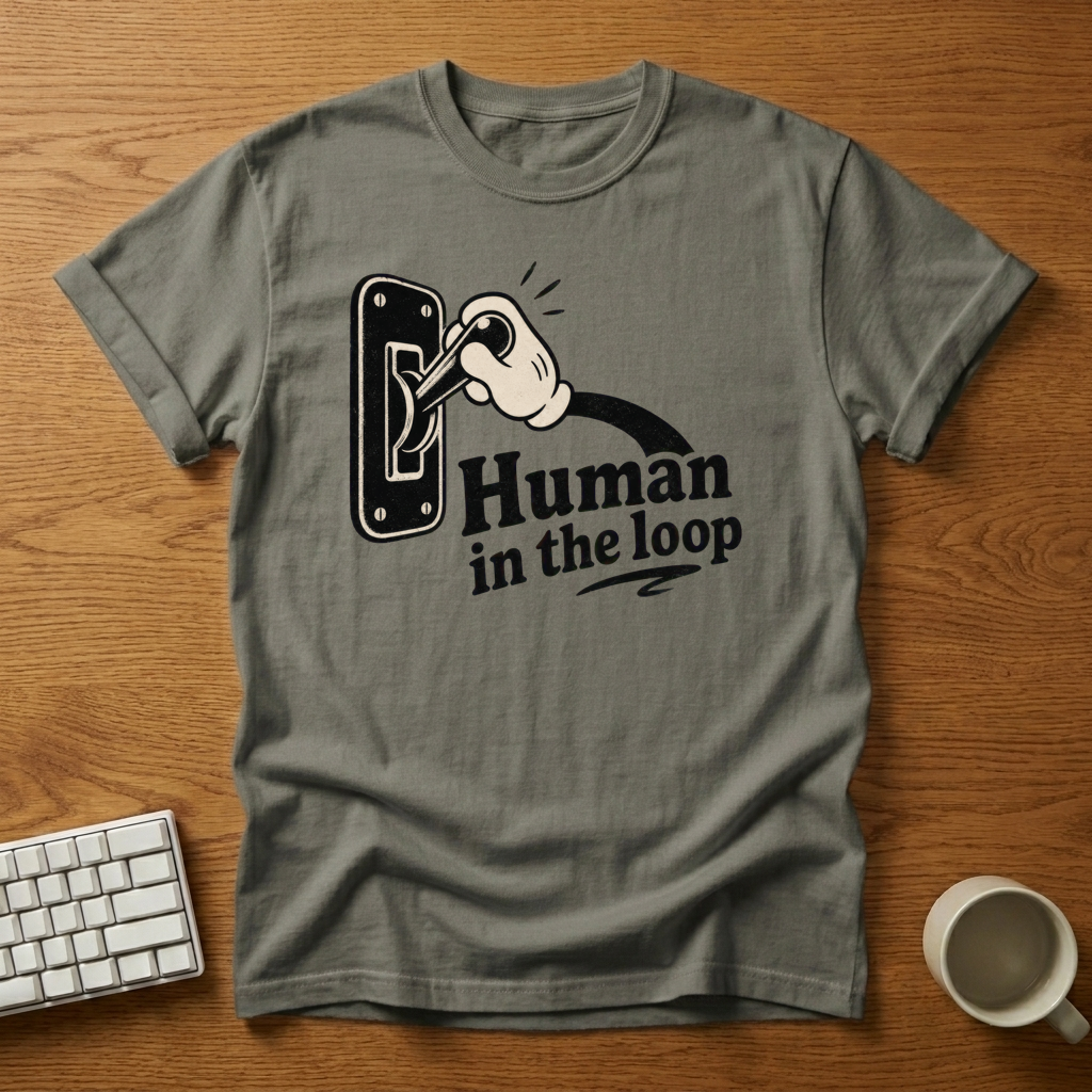 [needlepod-mockup:mck_01M2DSZFM39RW5VP1K6NYHHSDD] Human in the Loop Industrial Lever T-Shirt