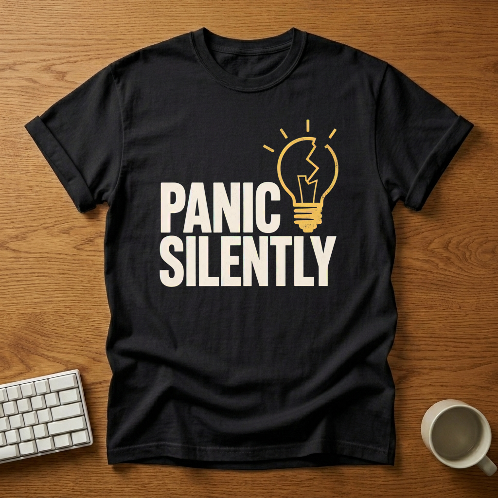 [needlepod-mockup:mck_01M2GVHEA4B57818E037N213A8] Panic Silently Lightbulb T-Shirt