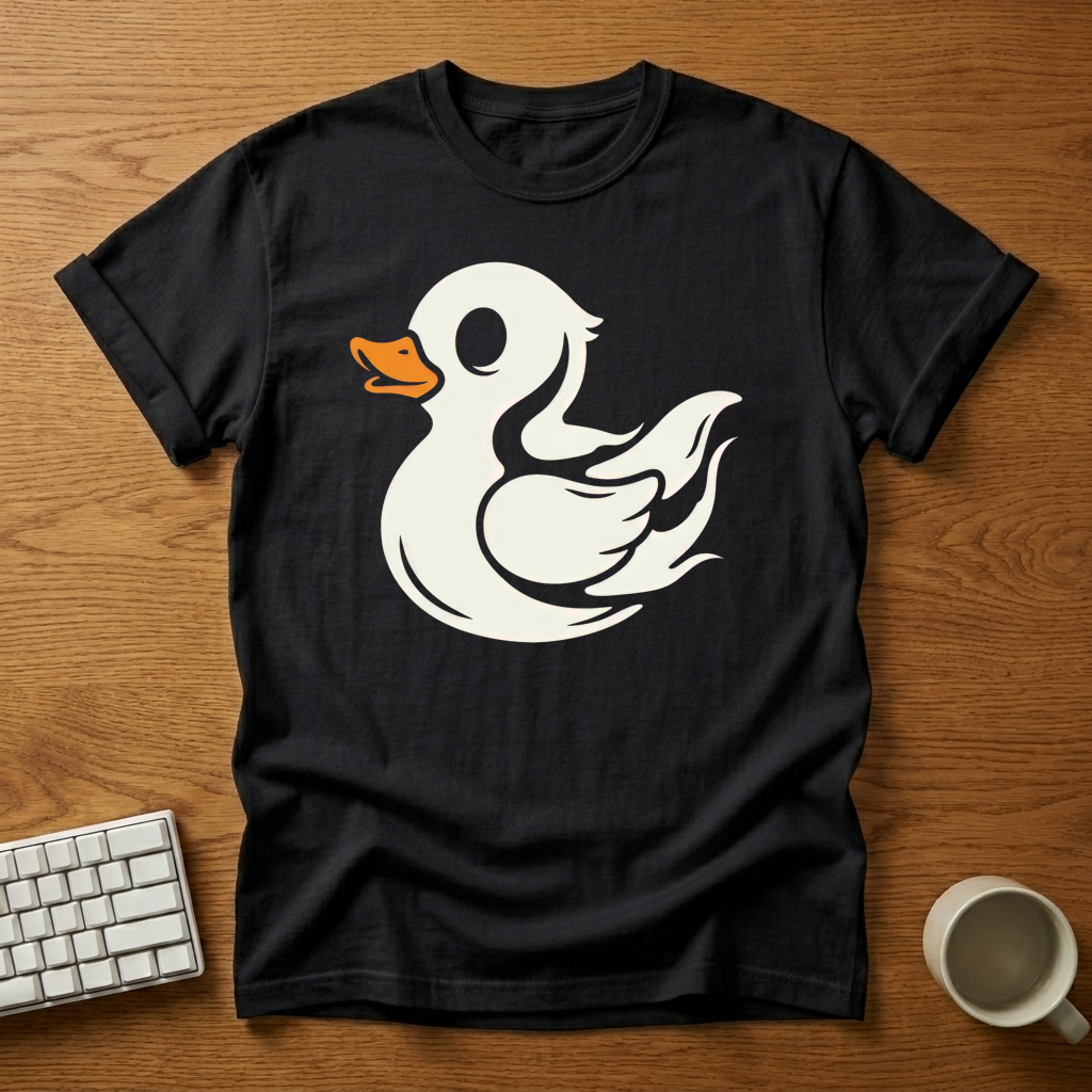 [needlepod-mockup:mck_01M31ZHHTXMC6CKCP90N9S0MRE] Flaming Duck Debugging T-Shirt