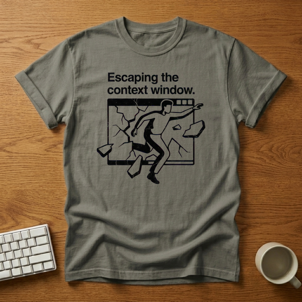 [needlepod-mockup:mck_01M35BFD3AANBWGABC1EBK0VT3] Escaping the Context Window T-Shirt