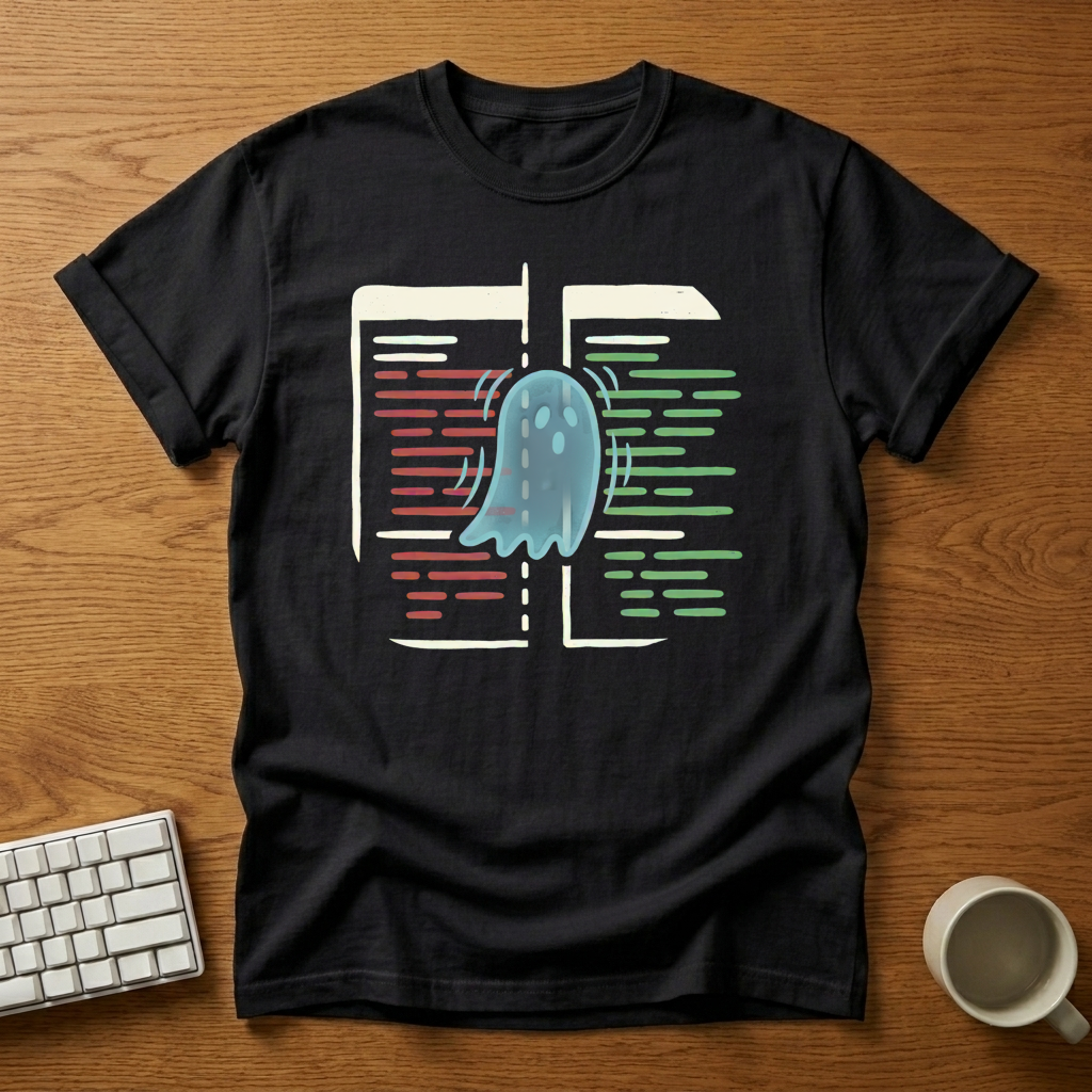 [needlepod-mockup:mck_01M35D5YHTWDXQGZW1GKV93J7F] Ghost in the Code: Version Control Edition T-Shirt