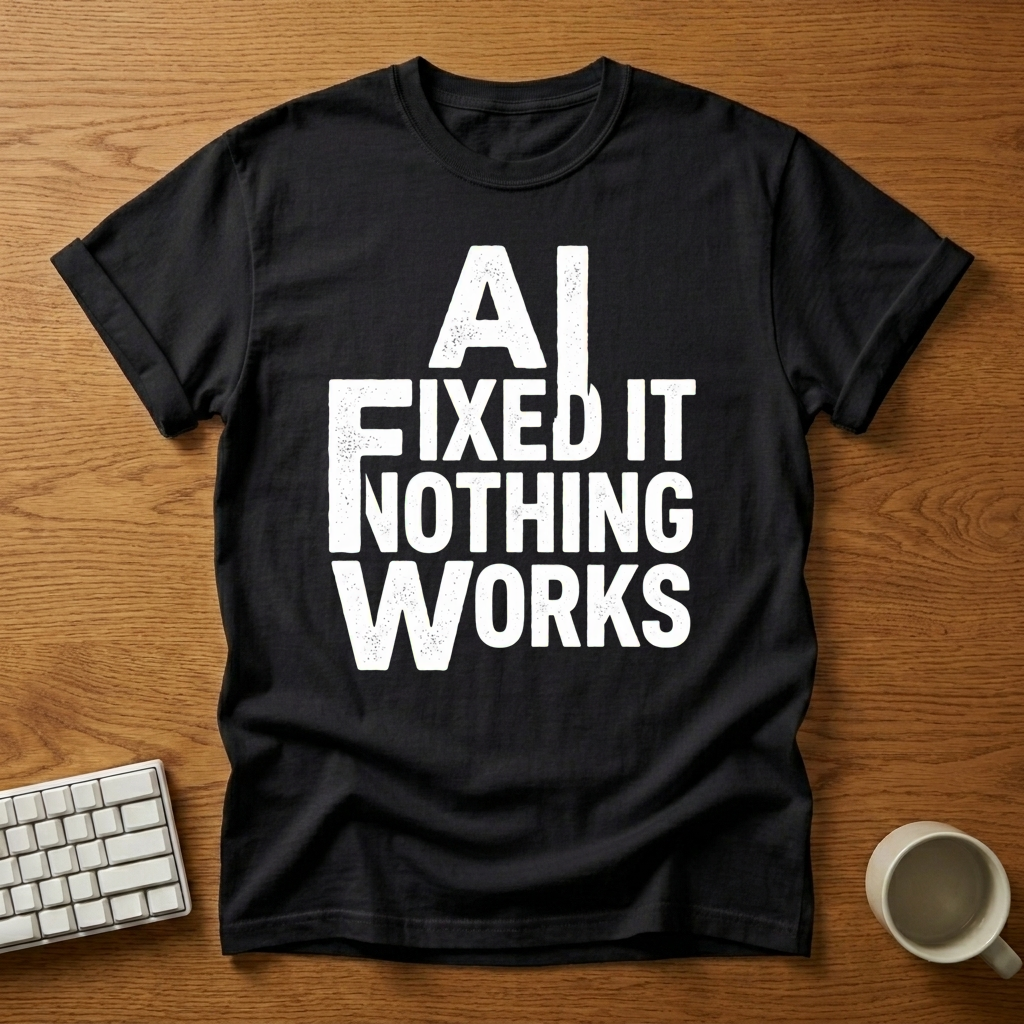 [needlepod-mockup:mck_01M36A01QT71NSA5CF10BXTK73] AI Fixed It Nothing Works T-Shirt
