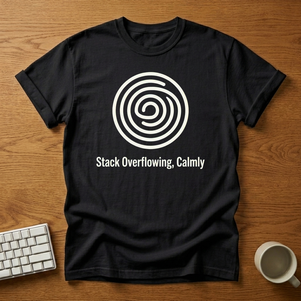 [needlepod-mockup:mck_01M3DVZ8EA051ED0BM8S8D95WT] Stack Overflowing, Calmly T-Shirt