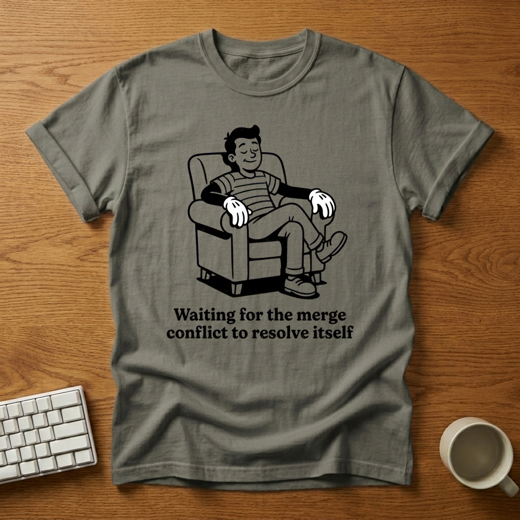 [needlepod-mockup:mck_01M3E2QJKW68V7PMV98JEJGGVH] Waiting for Merge Conflict Cartoon Gloves T-Shirt