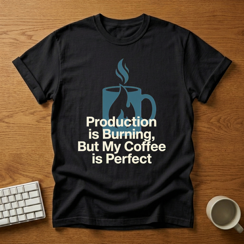 [needlepod-mockup:mck_01M3F25CR0TYB03KKZTH0QWZGK] Production Is Burning Coffee T-Shirt