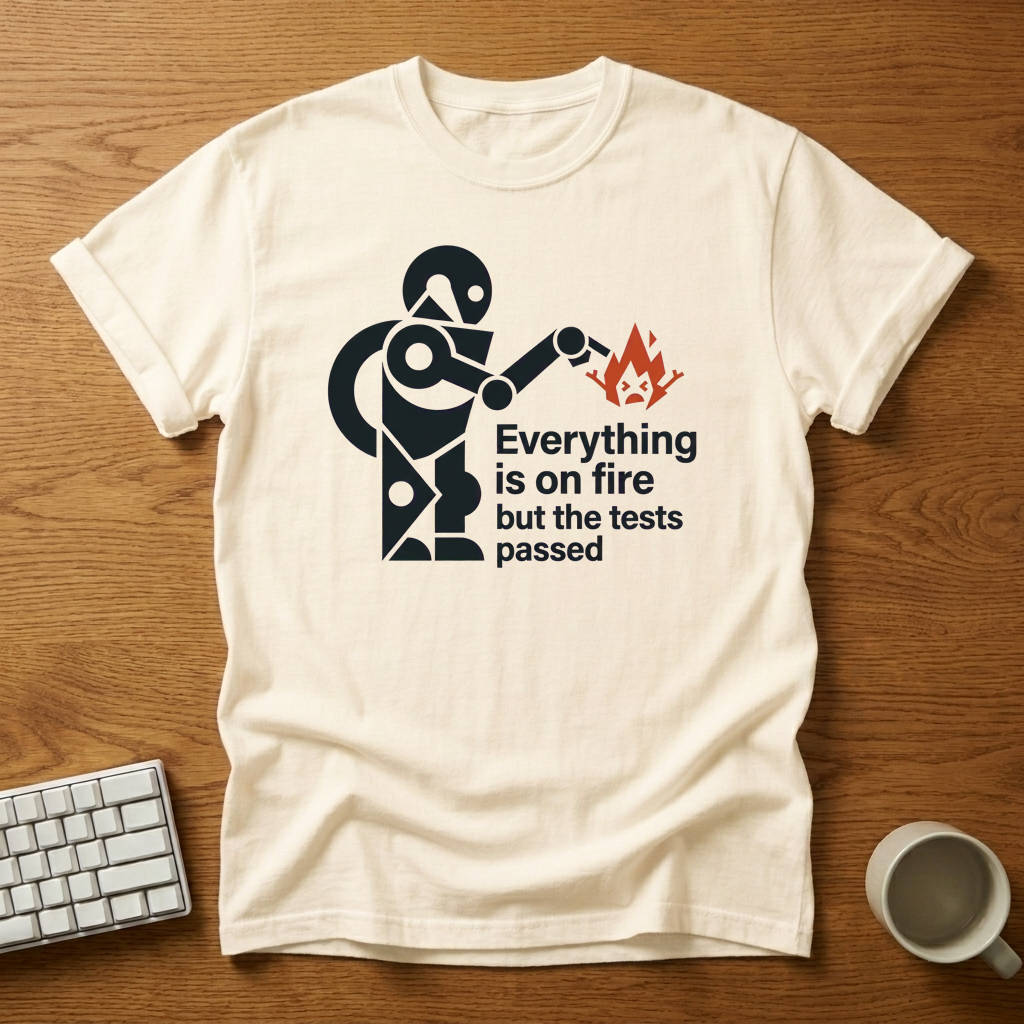 [needlepod-mockup:mck_01M3FKSS9WBSGJF42GTBPP2V25] Tests Passed: Everything Is Fine Robot T-Shirt