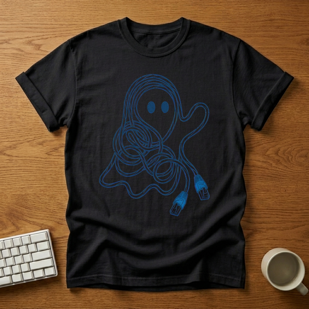 [needlepod-mockup:mck_01M3PBTAXMPP09996C16877WGK] Ethernet Ghost: The Spirit of Your Network Outage T-Shirt