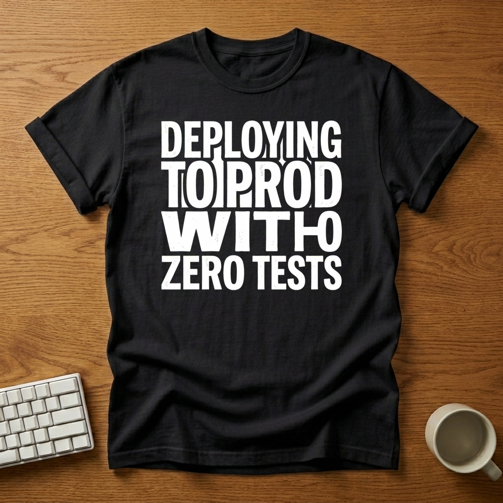 [needlepod-mockup:mck_01M3PEXG3DG8EZFPBP6KKKWH3Z] Deploying to Prod With Zero Tests T-Shirt