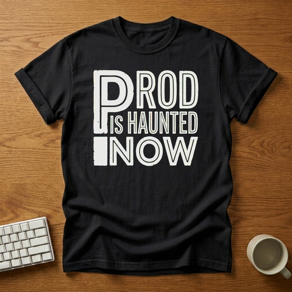 [needlepod-mockup:mck_01M3RTJY5MCH5QZ0XR5MCPNMDK] Prod Is Haunted Now Typography T-Shirt